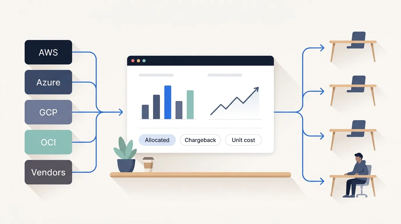 Billing data from AWS, Azure, GCP, OCI and third-party vendors normalized into a single cost dashboard, then broken out to individual engineering teams