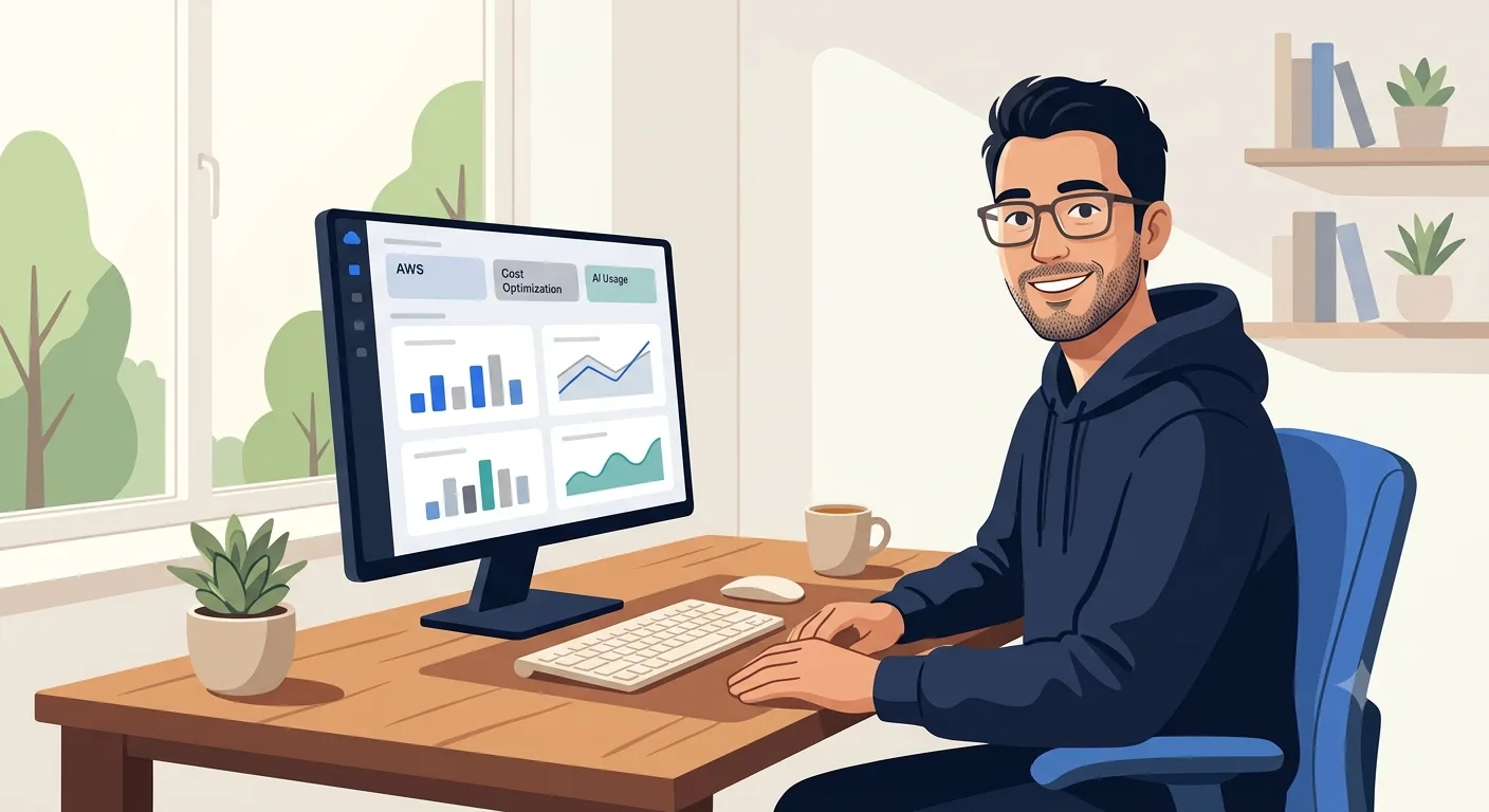 Illustration of a developer at a desk reviewing a multi-cloud cost dashboard showing AWS, cost optimization, and AI usage panels